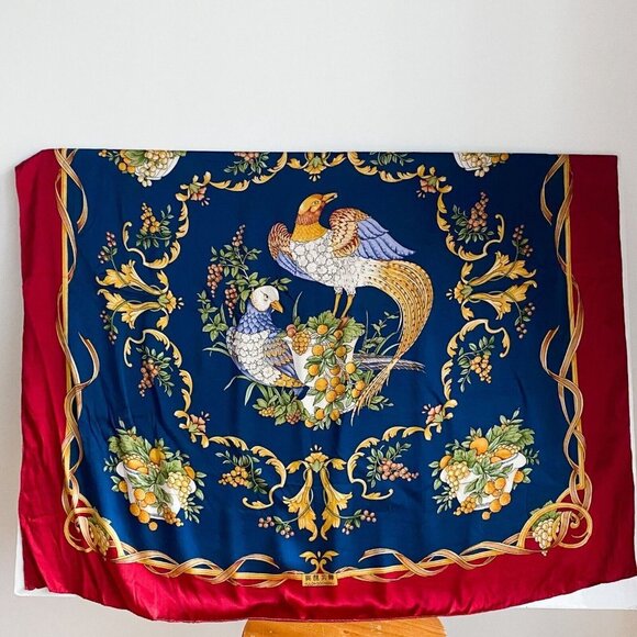 Massive All Silk Bird Floral Motif Hand Rolled Edge Scarf - Picture 2 of 5